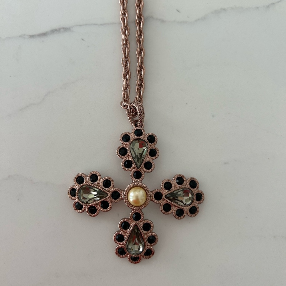 Elegant Pearl and Gemstone Cross Pendant Necklace